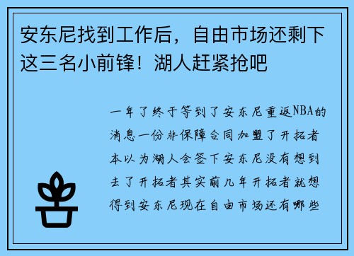 安东尼找到工作后，自由市场还剩下这三名小前锋！湖人赶紧抢吧