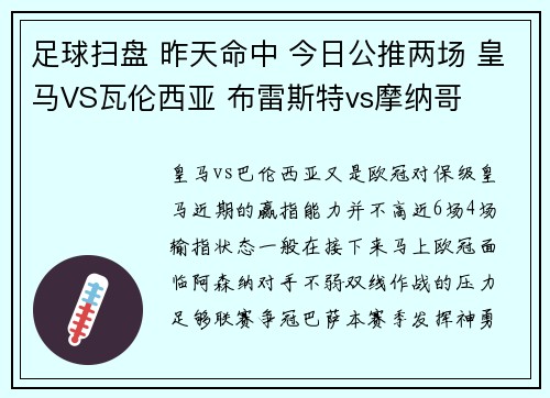 足球扫盘 昨天命中 今日公推两场 皇马VS瓦伦西亚 布雷斯特vs摩纳哥