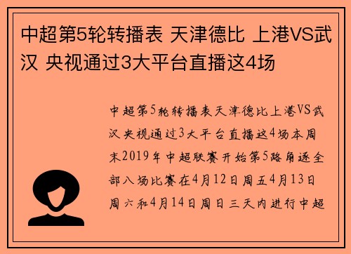 中超第5轮转播表 天津德比 上港VS武汉 央视通过3大平台直播这4场